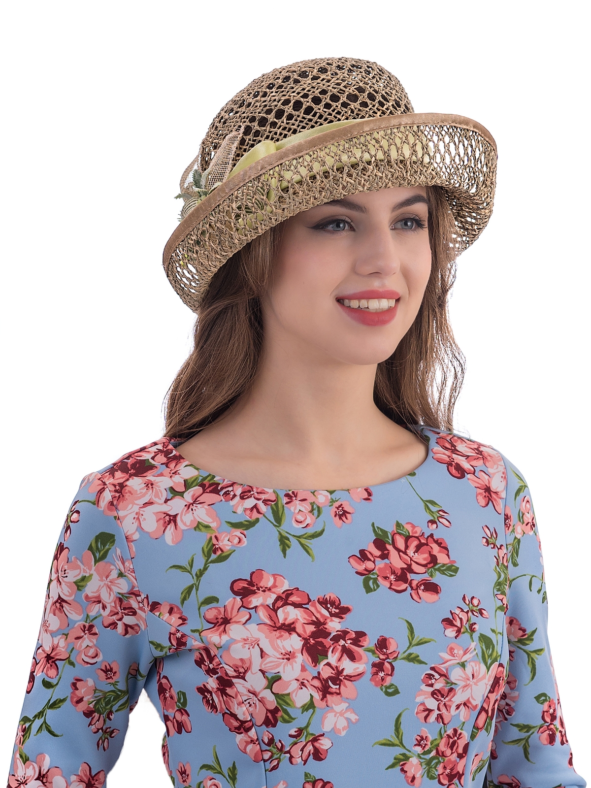 Соломенная шляпка № 12  с ажурным плетением по тулии и полю--9