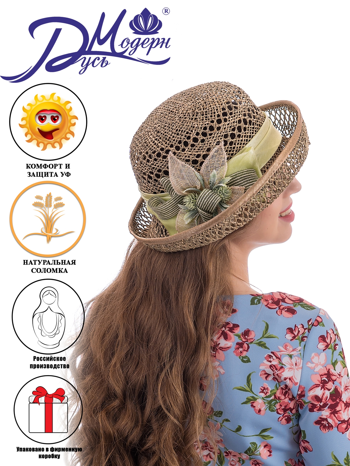 Соломенная шляпка № 12  с ажурным плетением по тулии и полю--0