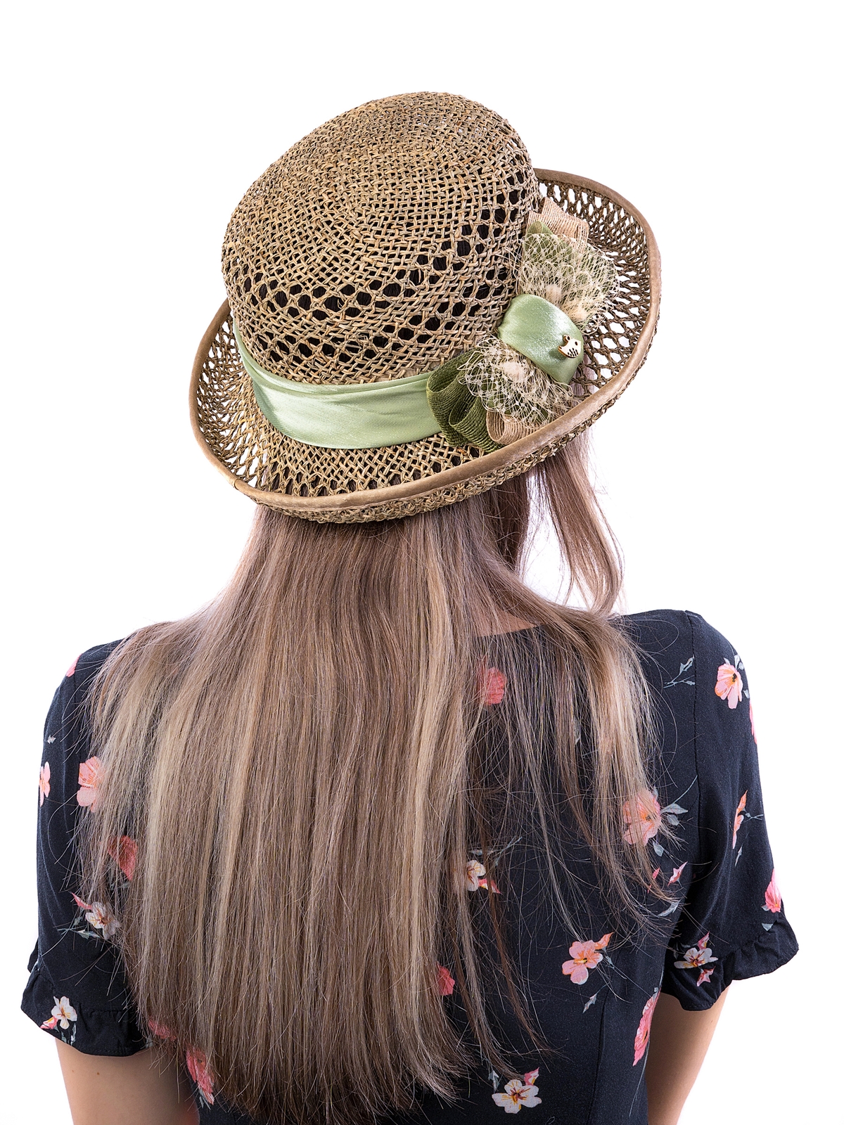 Соломенная шляпка № 14  с ажурным плетением по тулии и полю--16