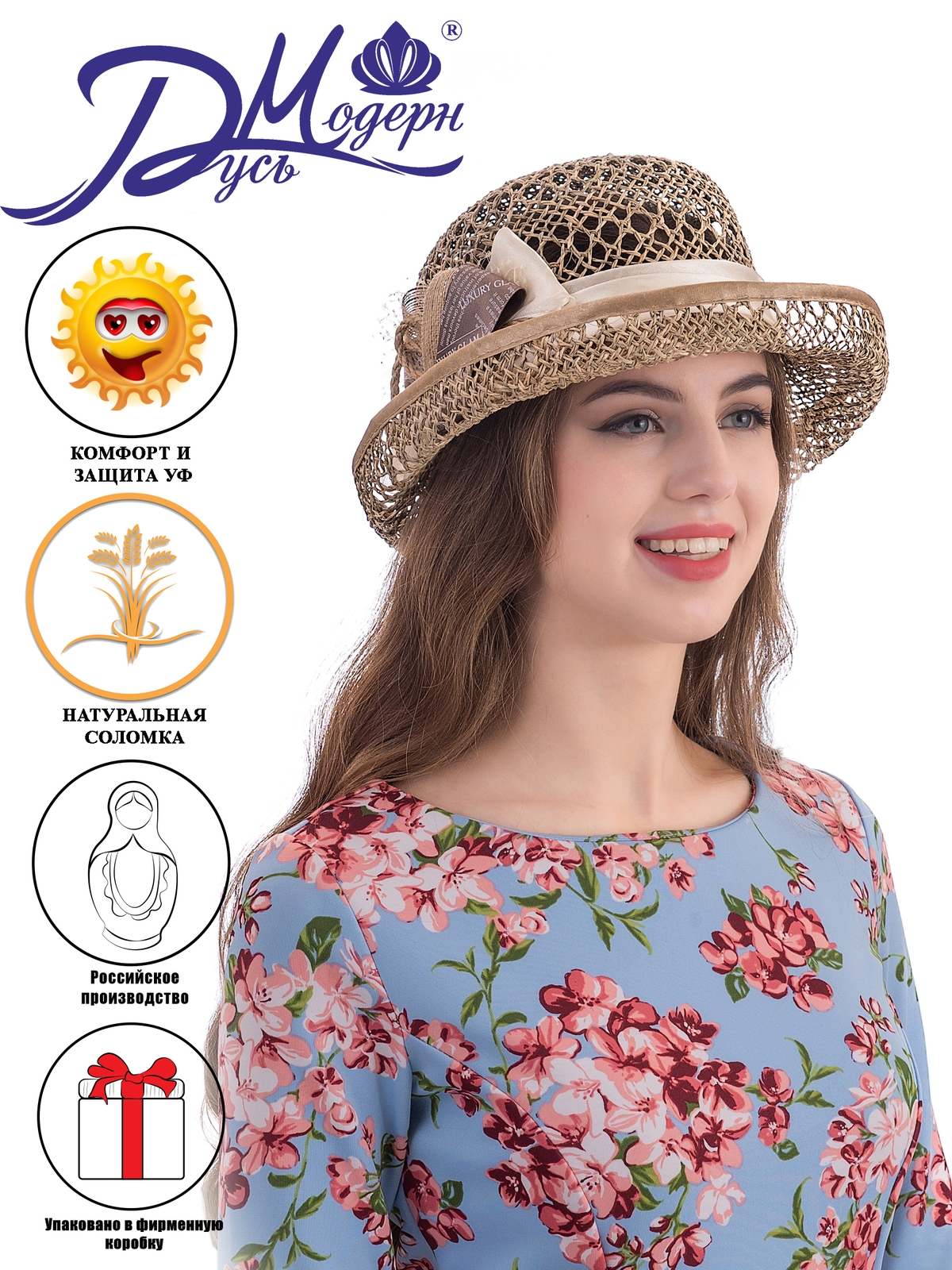 Соломенная шляпка № 14  с ажурным плетением по тулии и полю--9