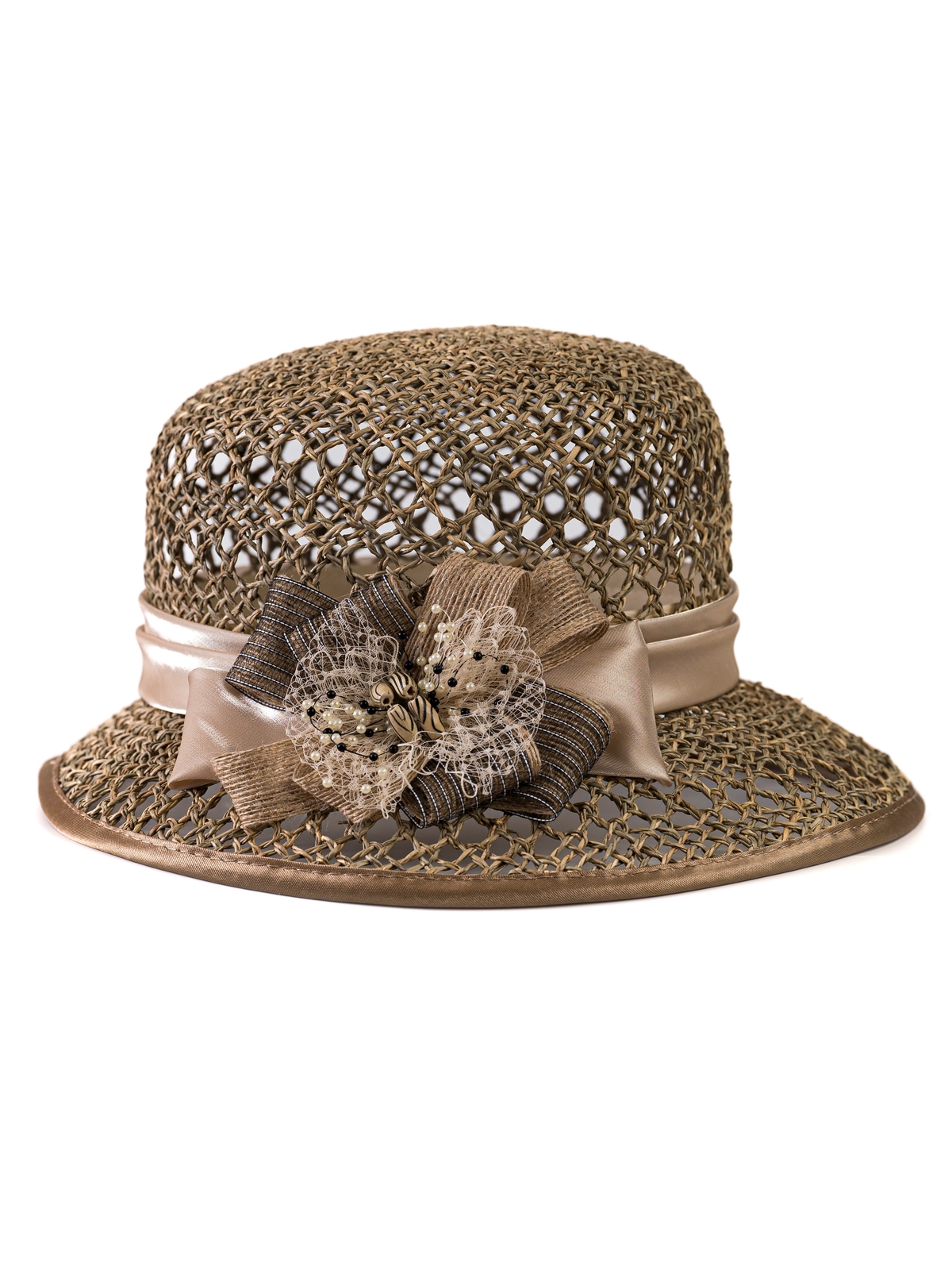 Соломенная шляпка № 18  с ажурным плетением по тулии и полю--6