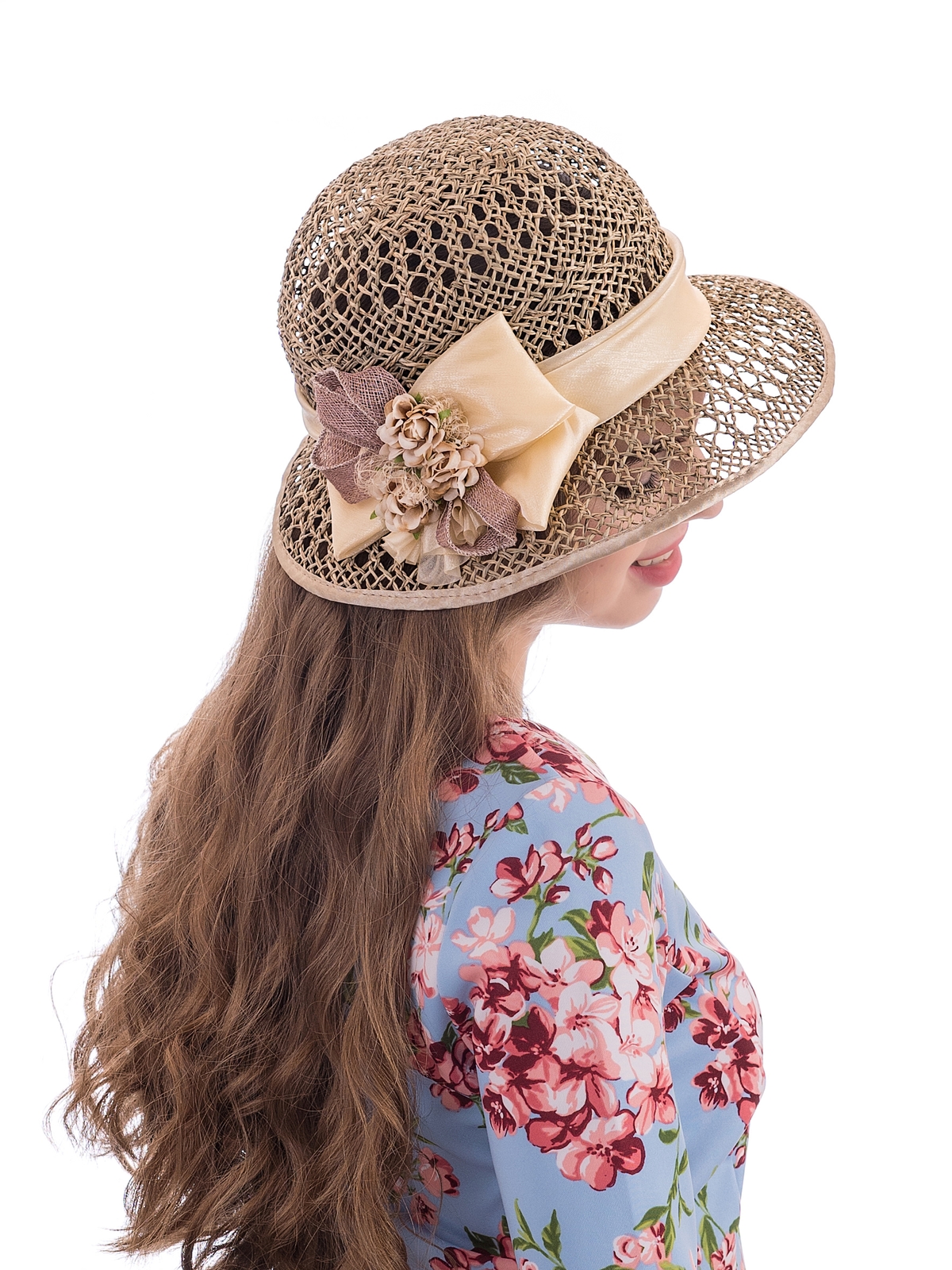 Соломенная шляпка № 19  с ажурным плетением по тулии и полю--10