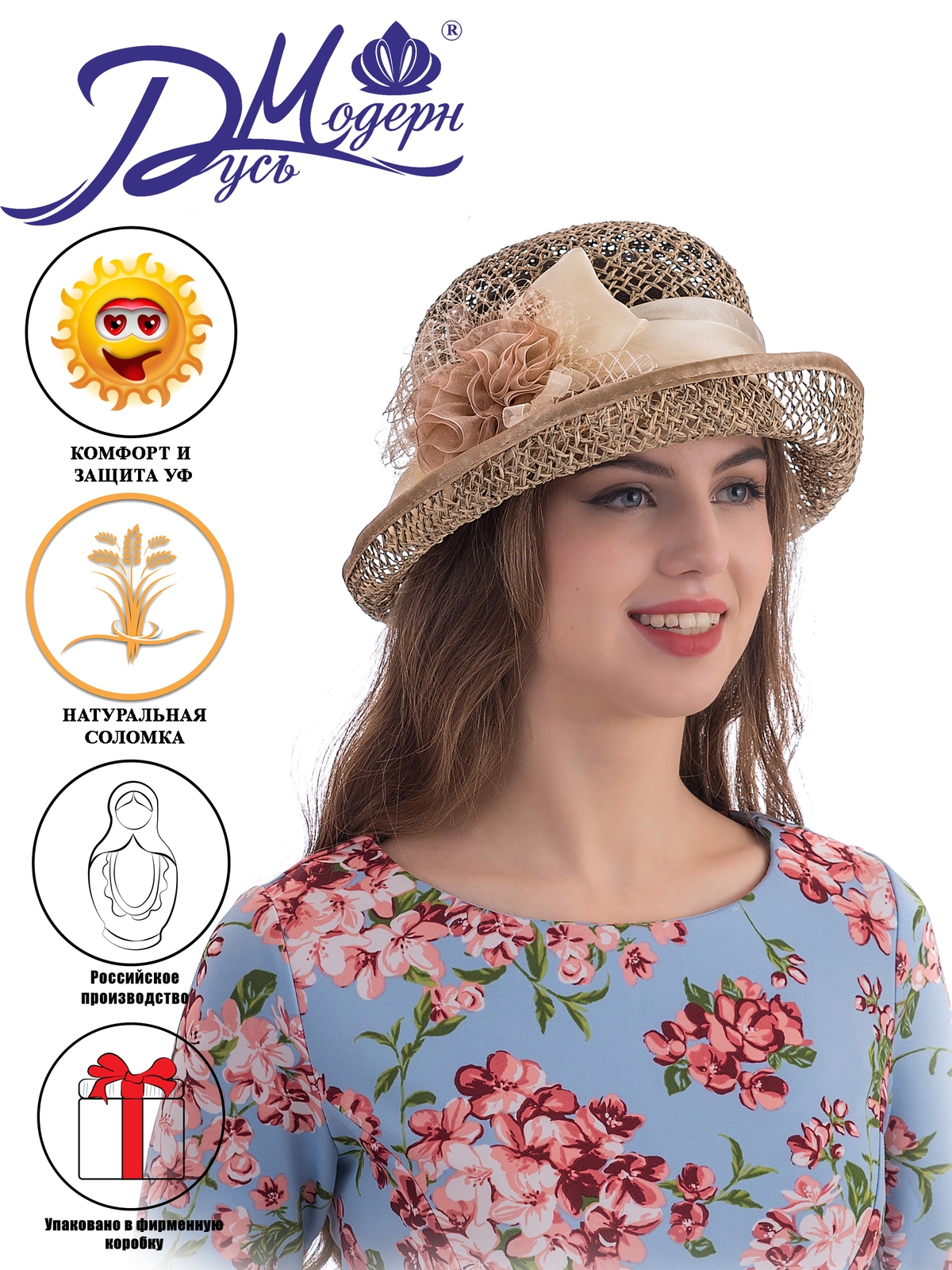 Соломенная шляпка № 22  с ажурным плетением по тулии и полю--10