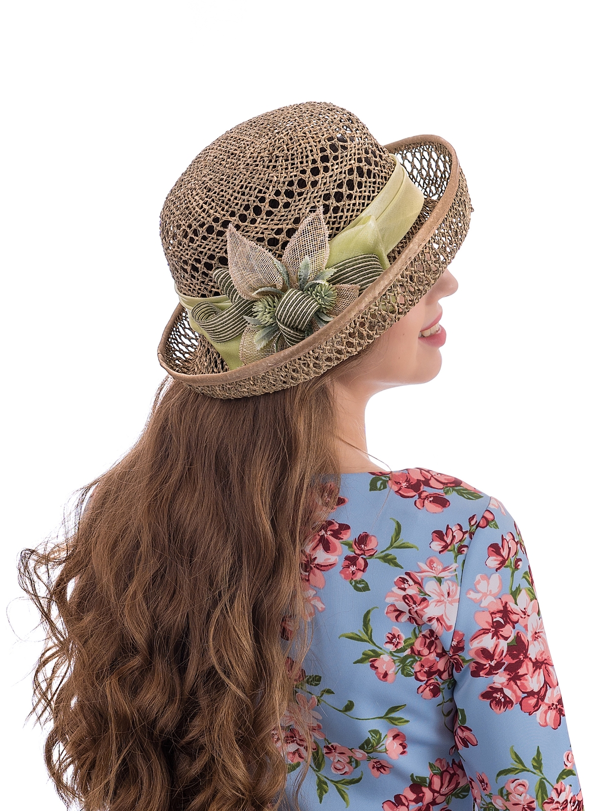 Соломенная шляпка № 22  с ажурным плетением по тулии и полю--11