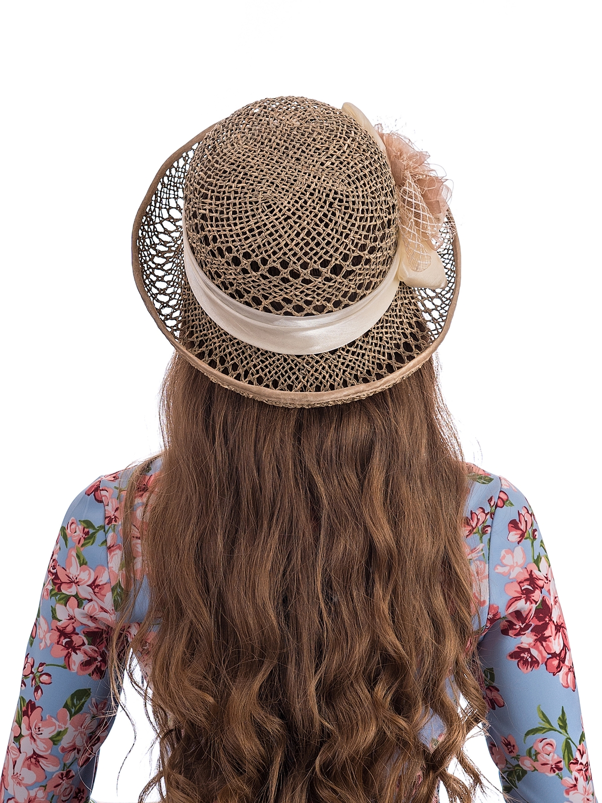 Соломенная шляпка № 22  с ажурным плетением по тулии и полю--14