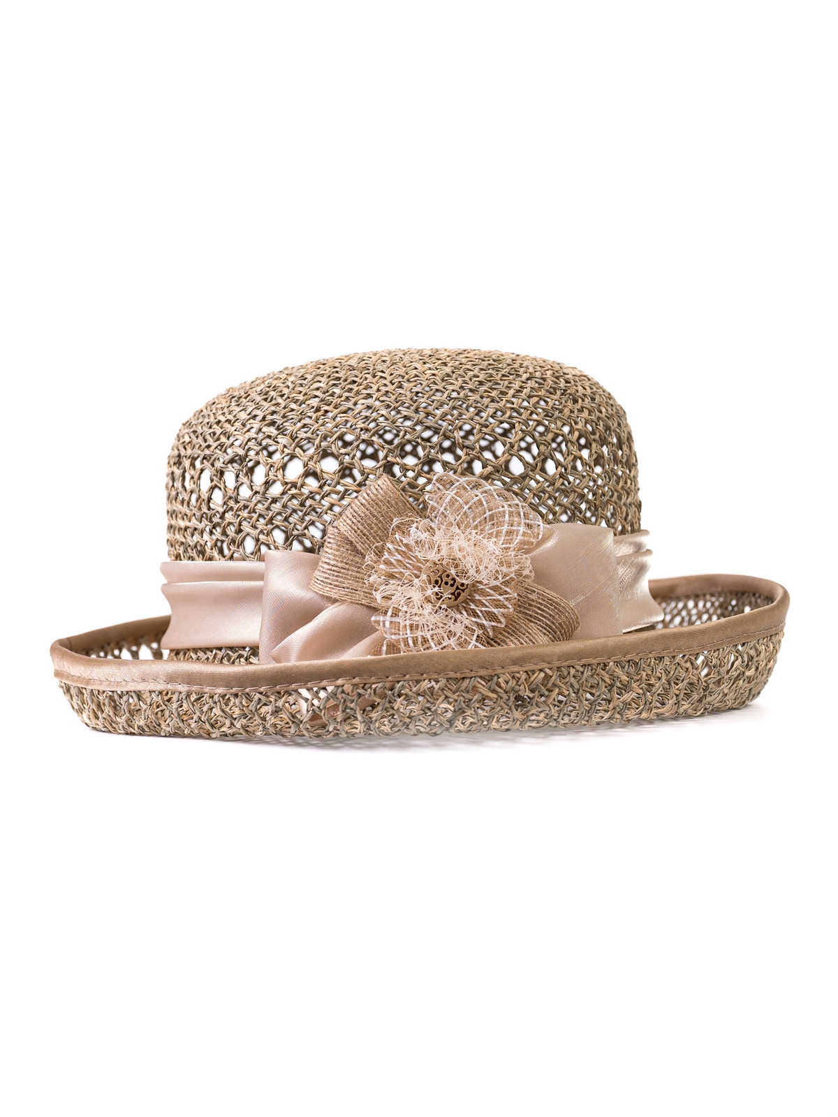 Соломенная шляпка № 22  с ажурным плетением по тулии и полю--1