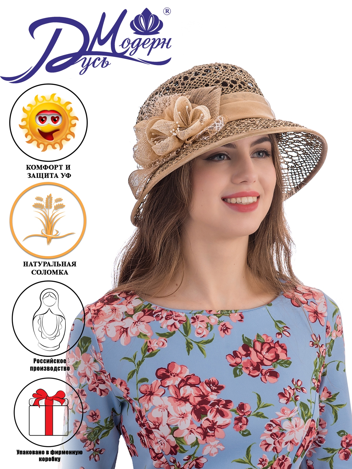 Соломенная шляпка № 26  с ажурным плетением по тулии и полю--9