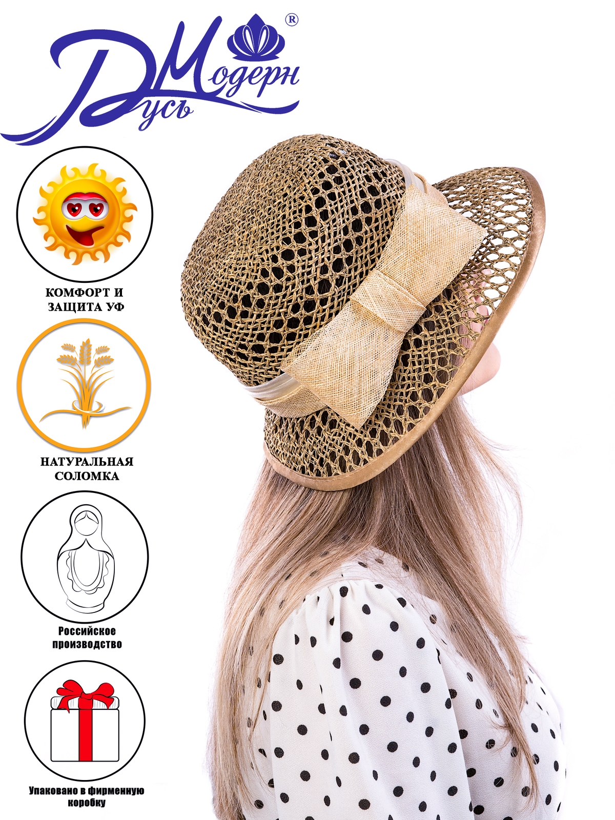 Соломенная шляпка № 26  с ажурным плетением по тулии и полю--10