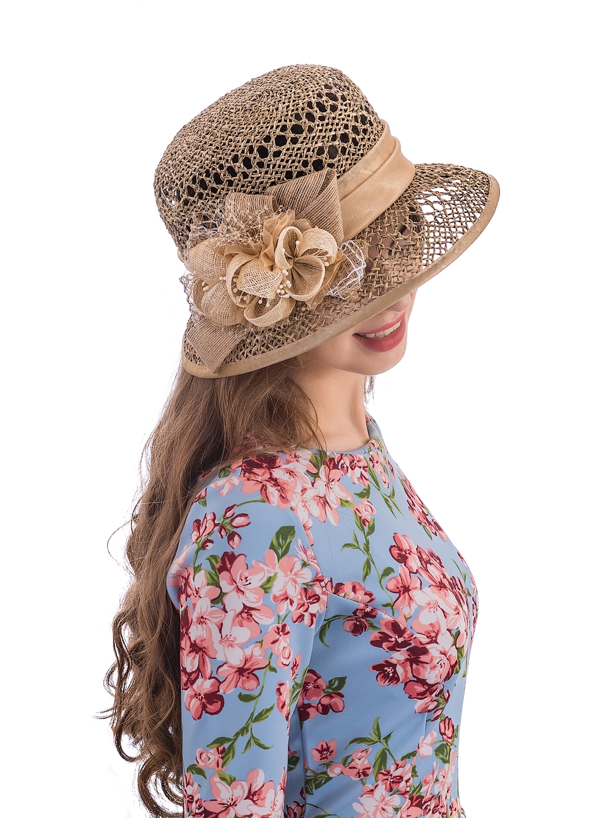 Соломенная шляпка № 26  с ажурным плетением по тулии и полю--11