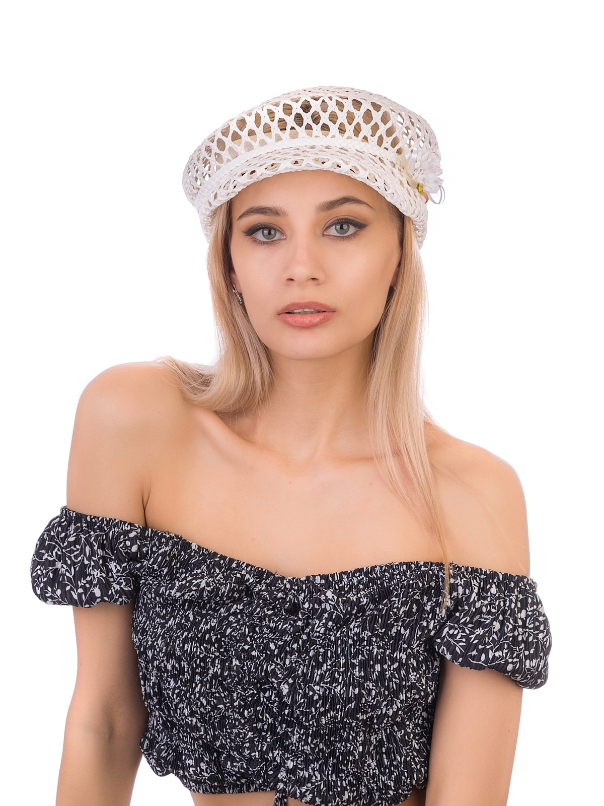 Соломенная  кепка № 403 белый ажур--2