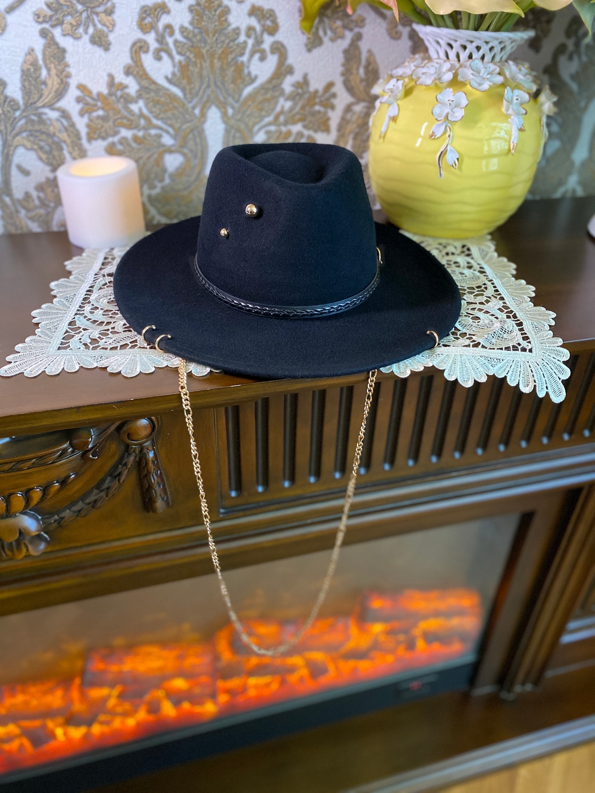 Федора+ - фетровая шерстяная шляпка №54 с цепочкой и брошкой 2 стали--3