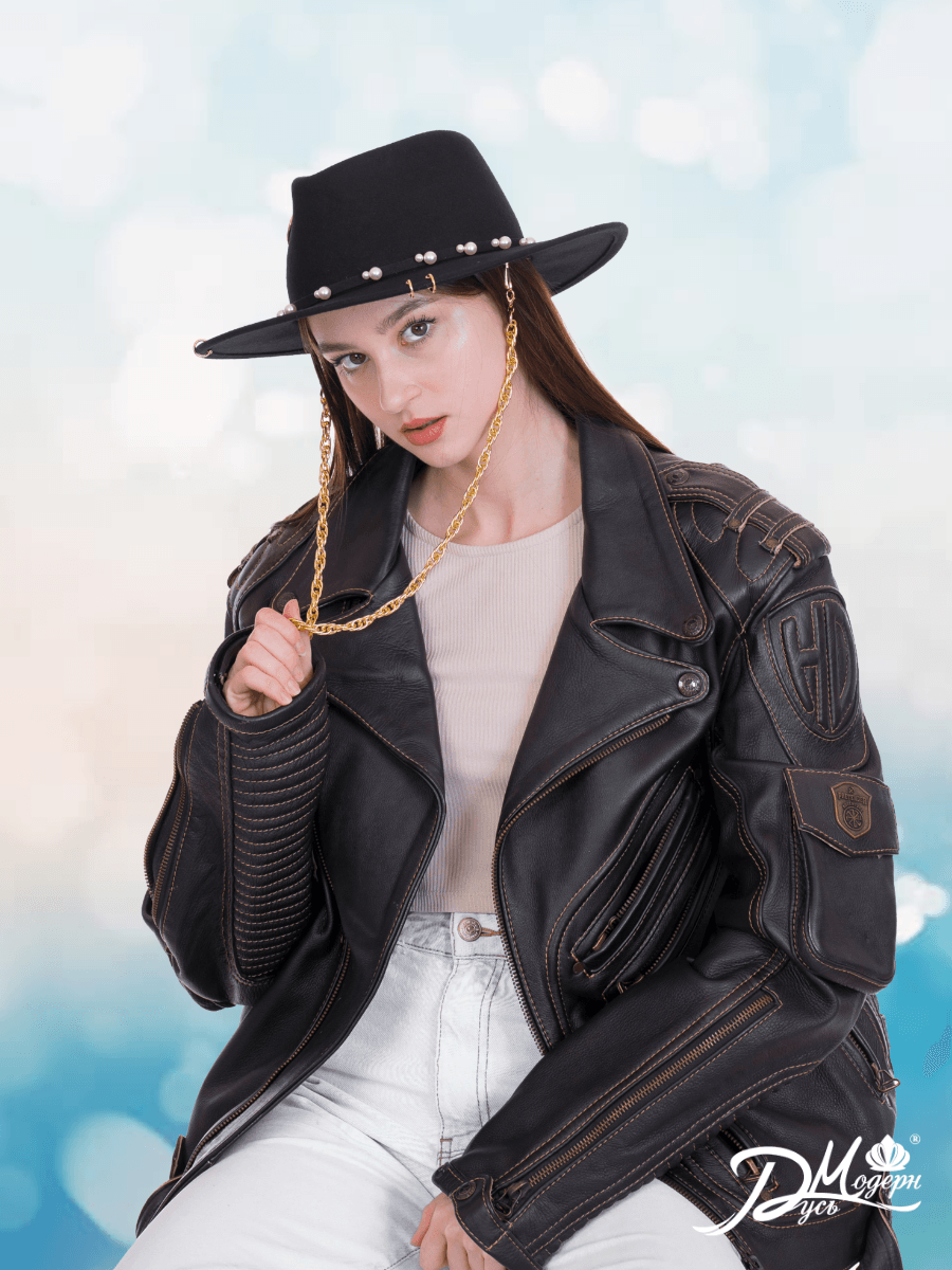 Федора+ - фетровая шерстяная шляпка №54 с цепочкой и брошкой--9