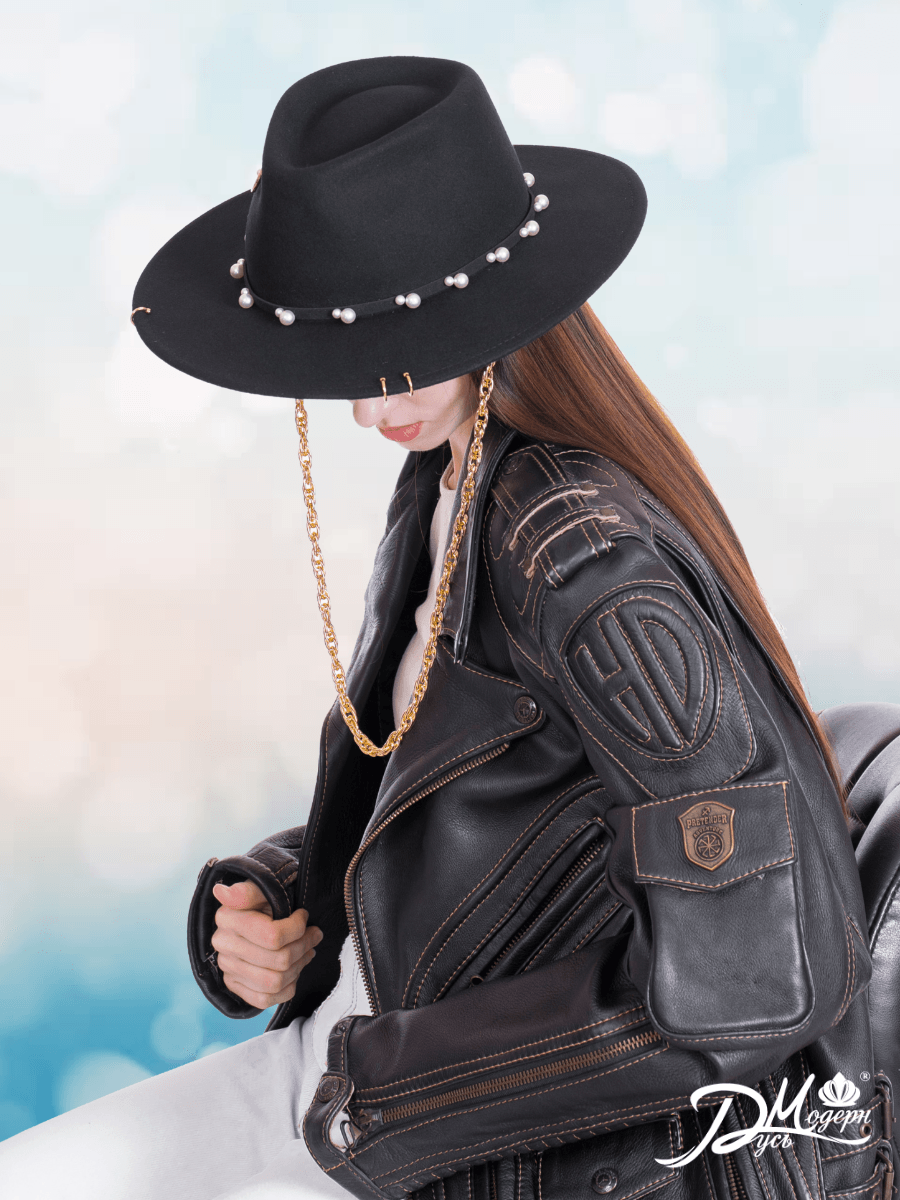 Федора+ - фетровая шерстяная шляпка №54 с цепочкой и брошкой--10