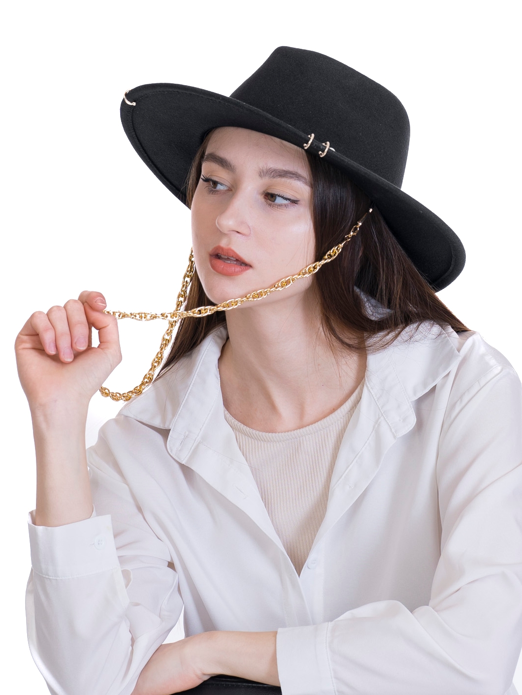 Федора+ - фетровая шерстяная шляпка №54 с цепочкой и брошкой--1