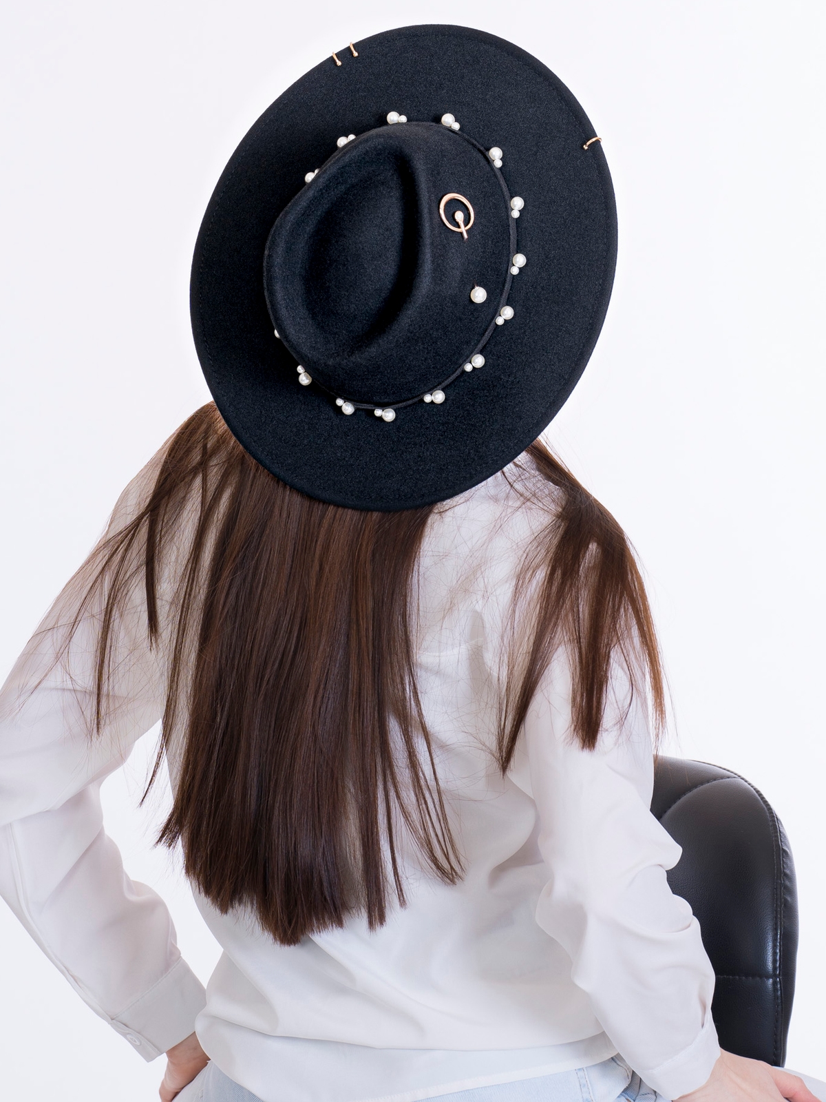 Федора+ - фетровая шерстяная шляпка №54 с цепочкой и брошкой--3