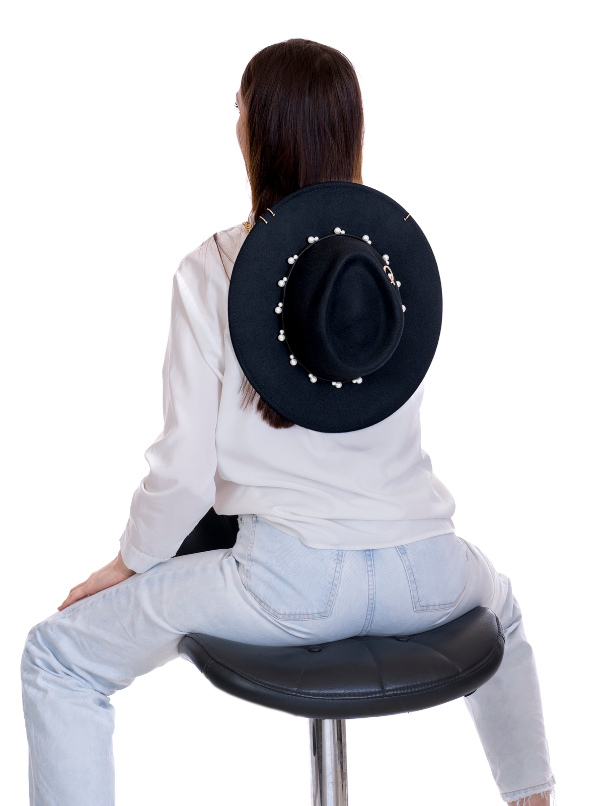 Федора+ - фетровая шерстяная шляпка №54 с цепочкой и брошкой--4