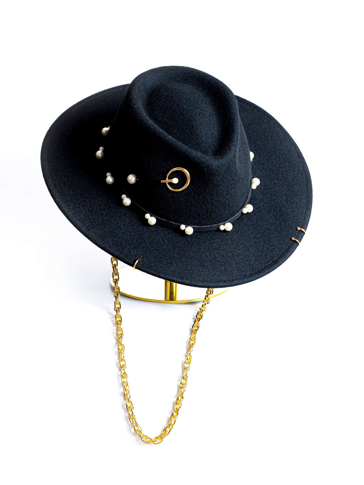 Федора+ - фетровая шерстяная шляпка №54 с цепочкой и брошкой--7