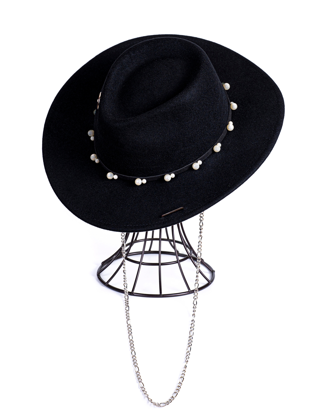 Федора+ - фетровая шерстяная шляпка №54 жемчуг с цепочкой и брошкой--2