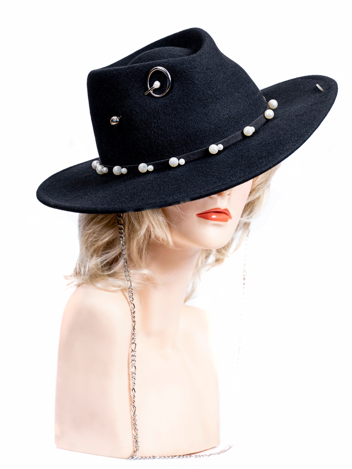 Федора+ - фетровая шерстяная шляпка №54 жемчуг с цепочкой и брошкой--9