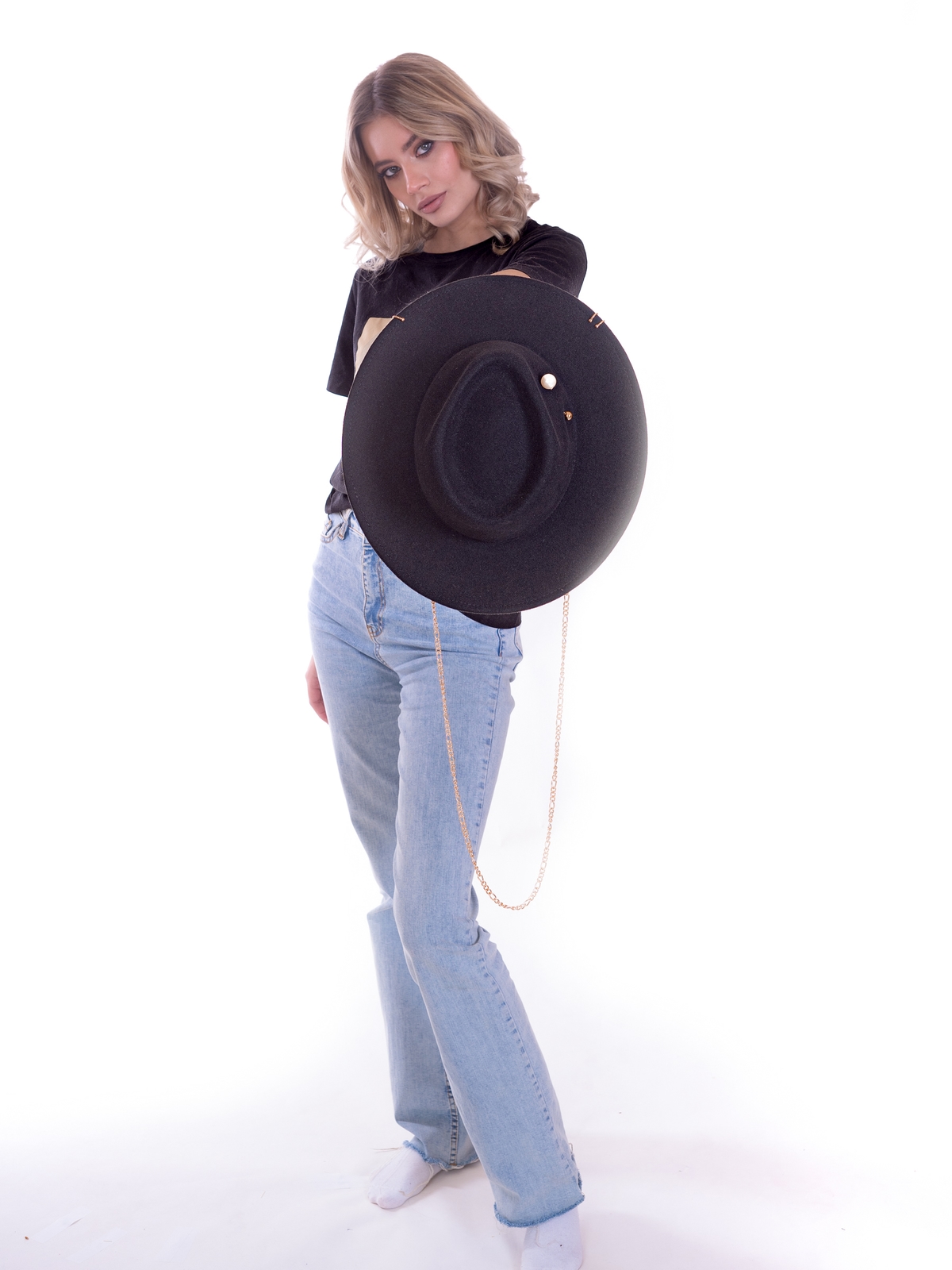 Федора+ - фетровая шерстяная шляпка №54 с цепочкой и брошкойжемчуг--10