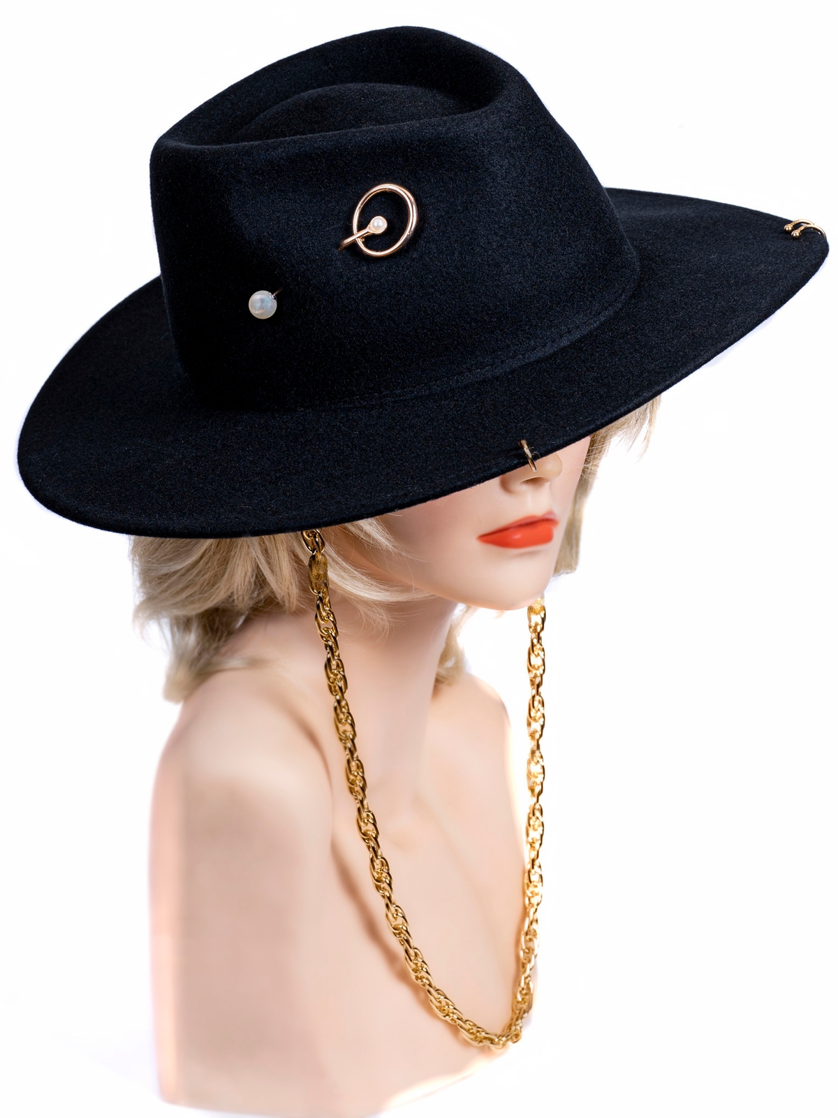 Федора+ - фетровая шерстяная шляпка №54 с цепочкой и брошкой орбита--10