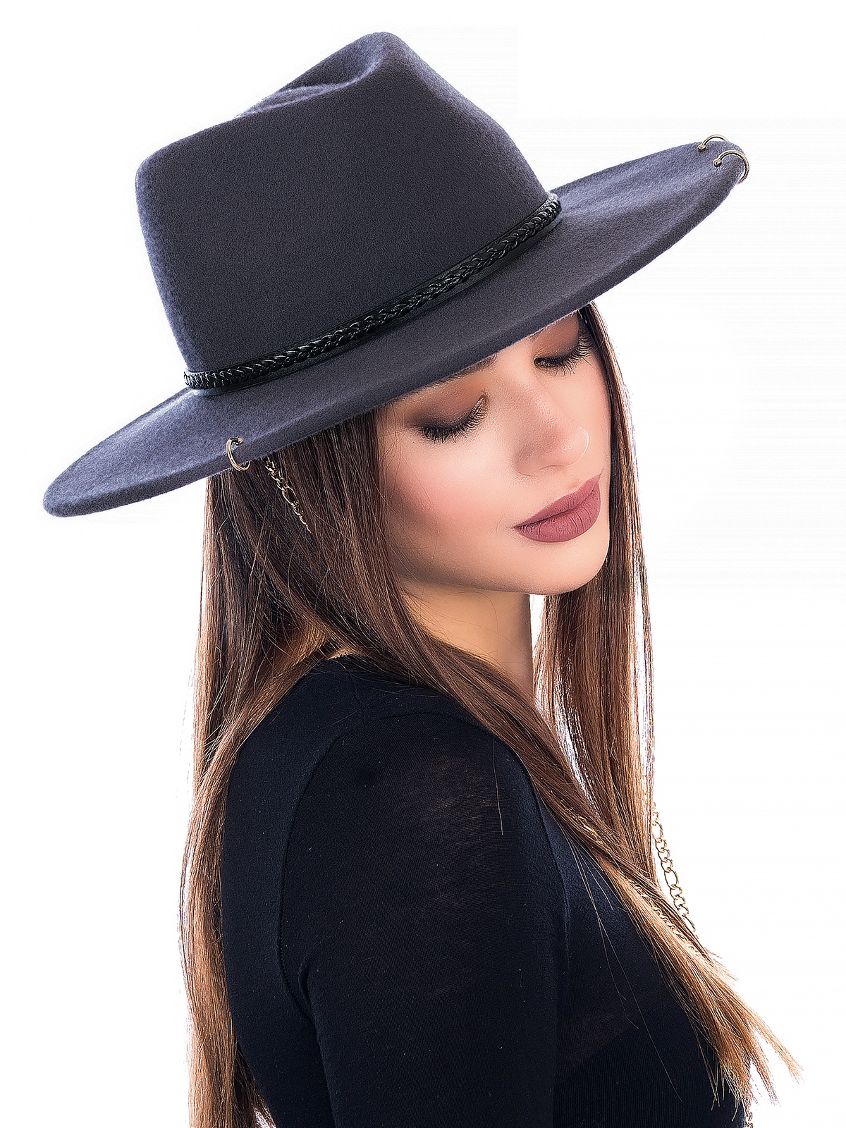 Федора+ - фетровая шерстяная шляпка №54 тёмно-серая с цепочкой --0