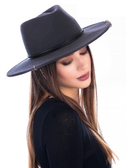 Федора+ - фетровая шерстяная шляпка №54 тёмно-серая с цепочкой --0